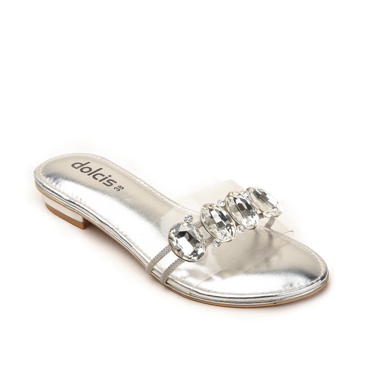 Silver Transparent Flats with Gem Detail Slippers| 517M-S