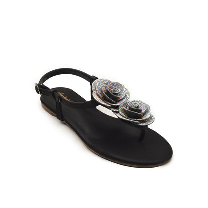 Black Floral Strap Flats for Women Slippers | 225H-C