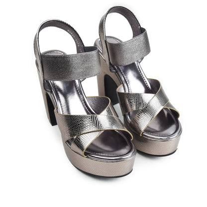 Metallic Silver Crystal Ankle Strap Block Heels | 275H-SG