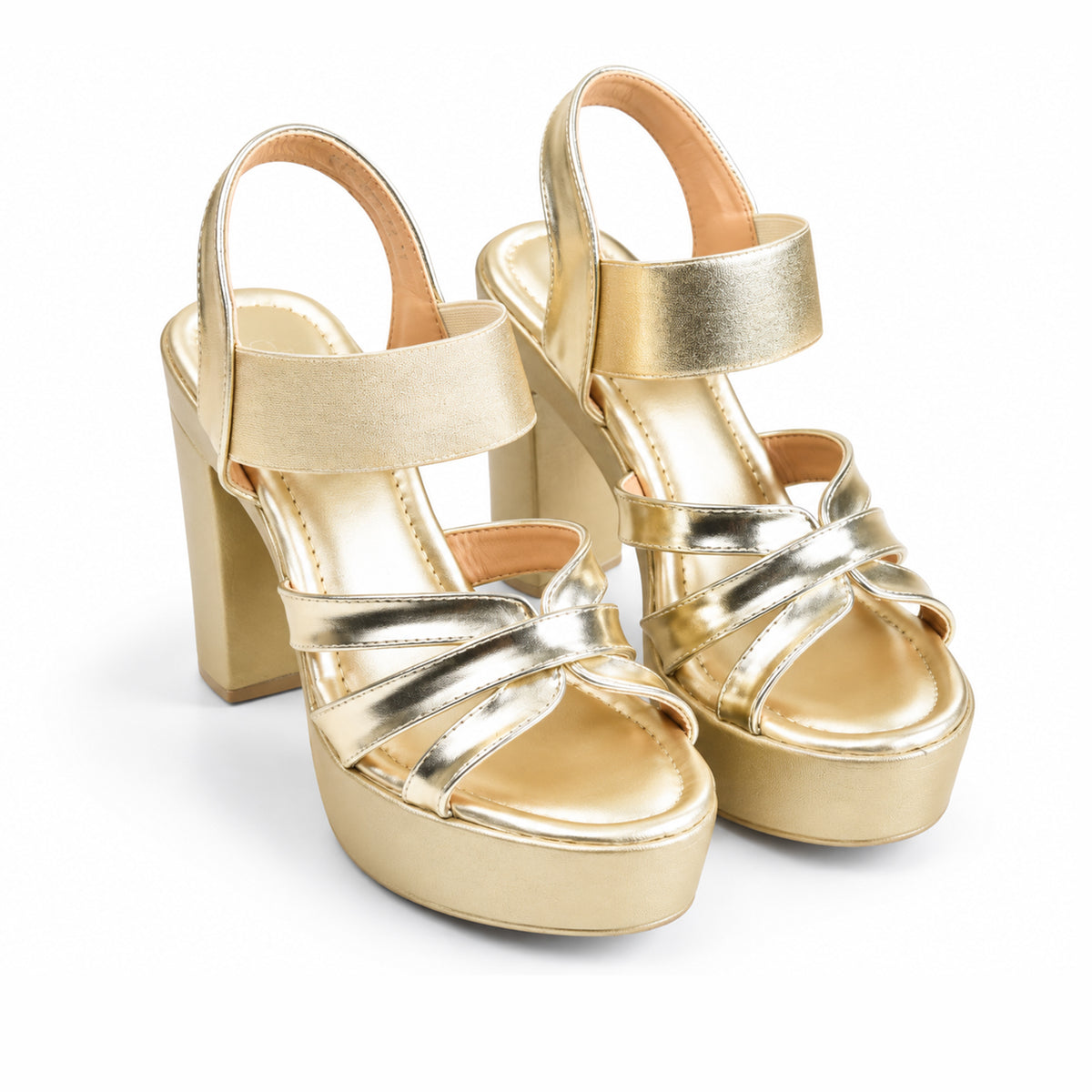 Golden Crystal Ankle Strap Block Heels | 274H-X