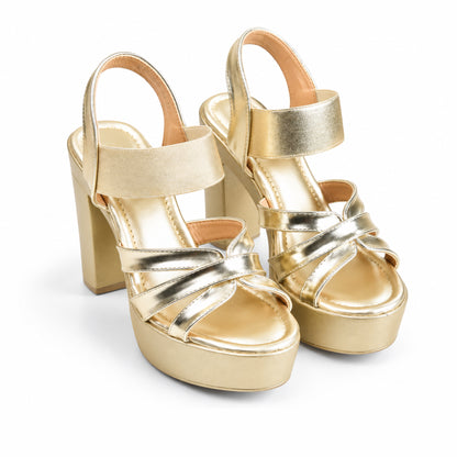 Golden Crystal Ankle Strap Block Heels | 274H-X