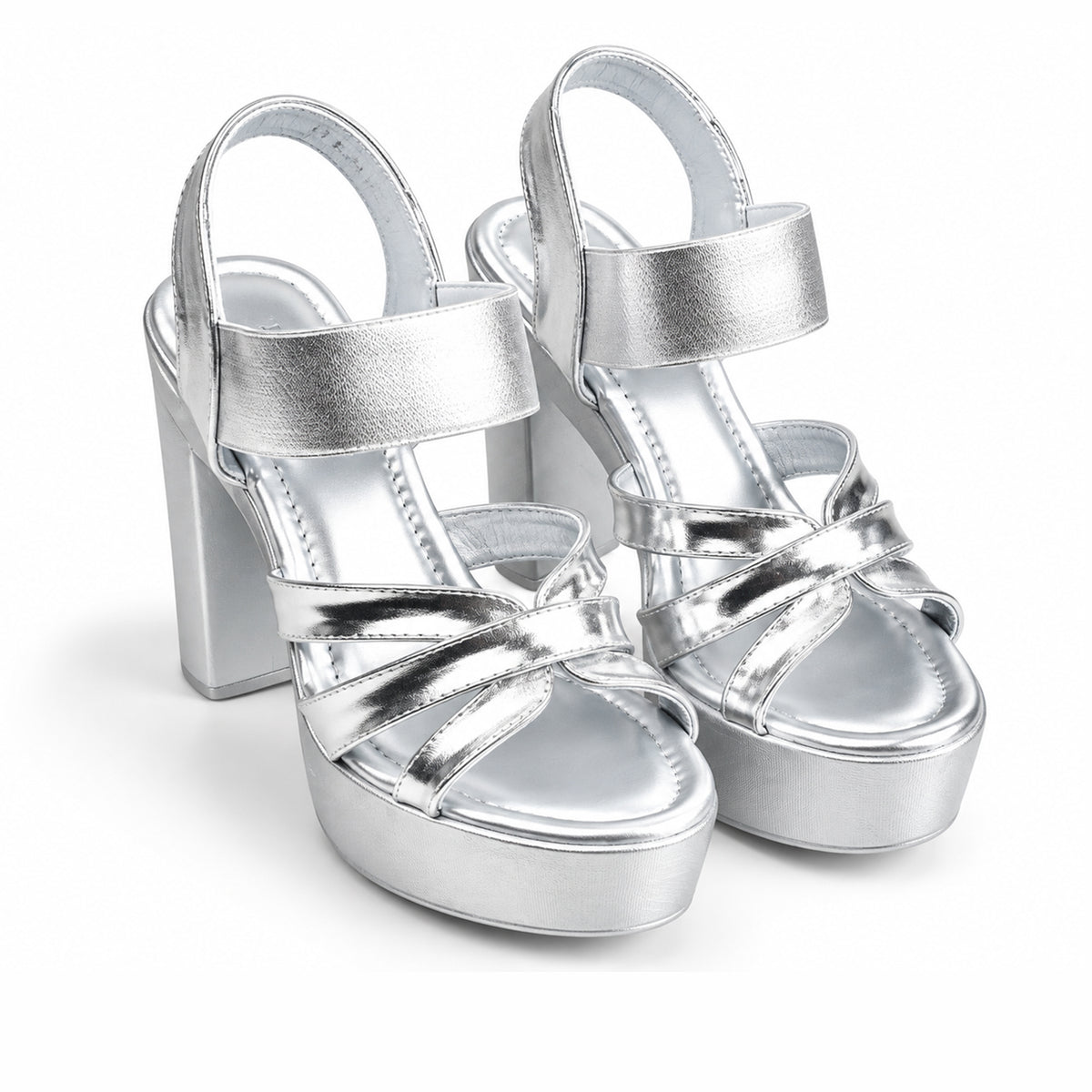 Silver Crystal Ankle Strap Block Heels | 274H-S