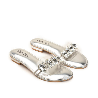 Silver Transparent Flats with Gem Detail Slippers| 517M-S