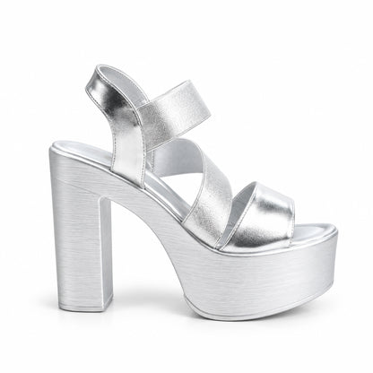 Silver Crystal Ankle Strap Block Heels | 279H-S