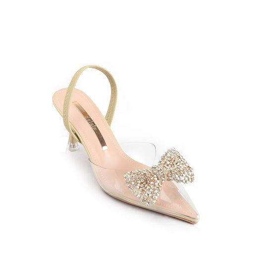Golden Crystal-Embellished Clear Slingback Court Heels | 410P-X