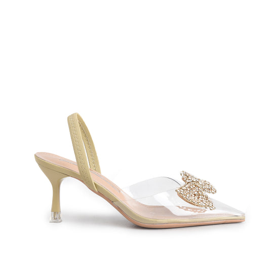 Golden Crystal-Embellished Clear Slingback Court Heels | 410P-X