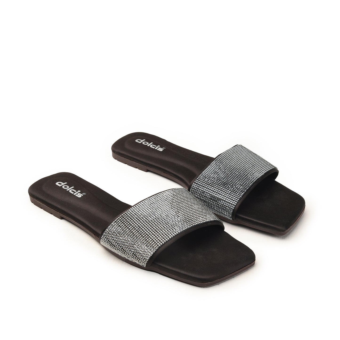 Black Flats with Silver Embellished Strap Slippers| 594L-C
