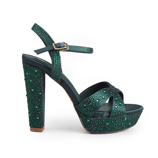 Green Embellished Party Block Heels | 259H-K