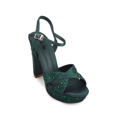 Green Embellished Party Block Heels | 259H-K