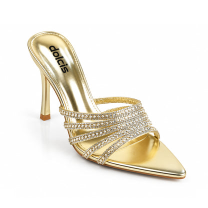 Golden Crystal Strap Party Heels | 512N-X