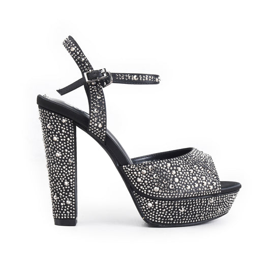 Black Crystal Ankle Strap Block Heels | 260H-C