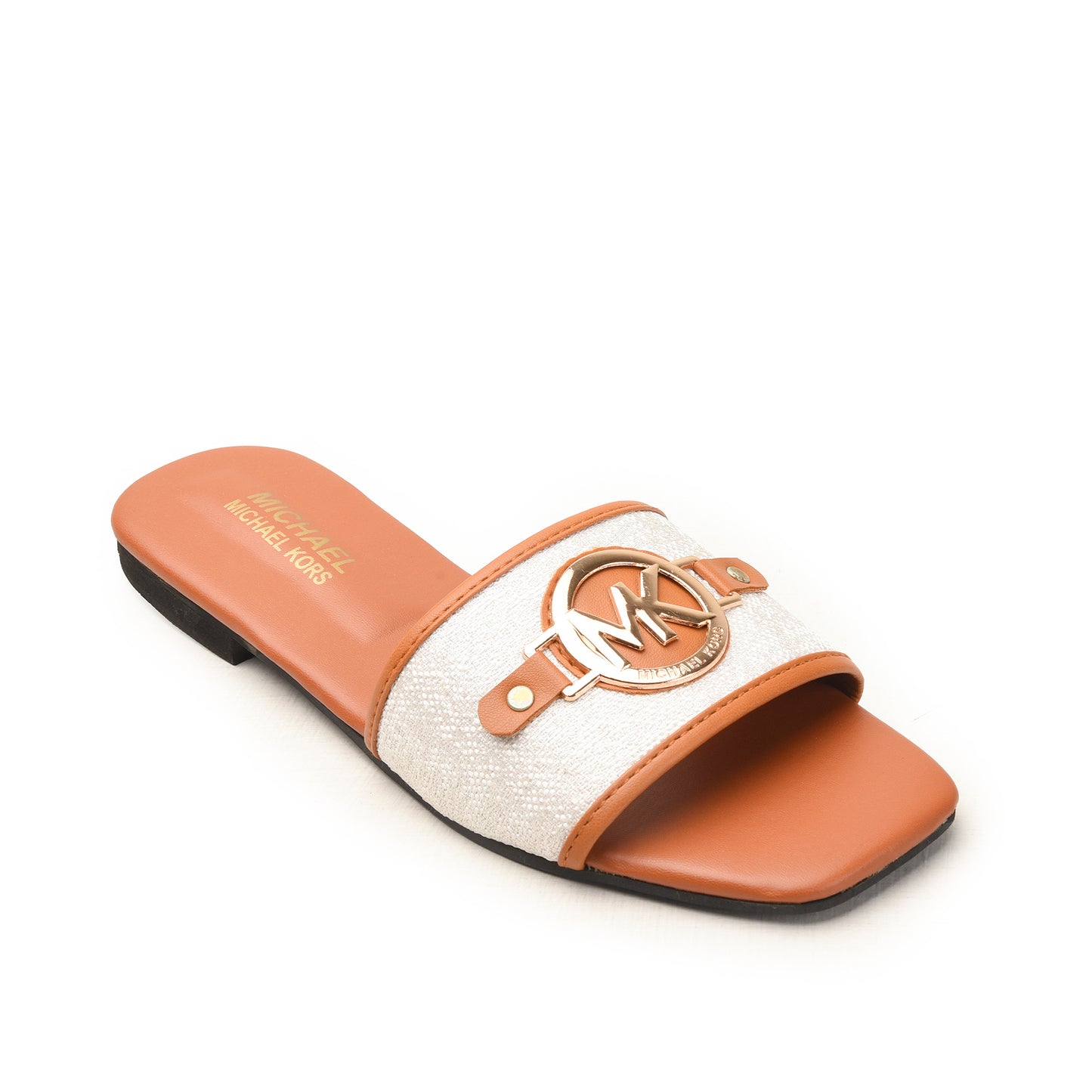 White Slide Flats with Tan Detail Slippers| 532M-B
