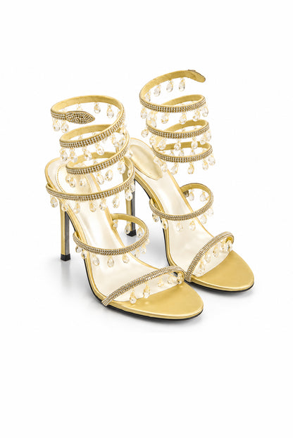 Golden Crystal Strap Party Heels |269H-X