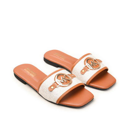 White Slide Flats with Tan Detail Slippers| 532M-B
