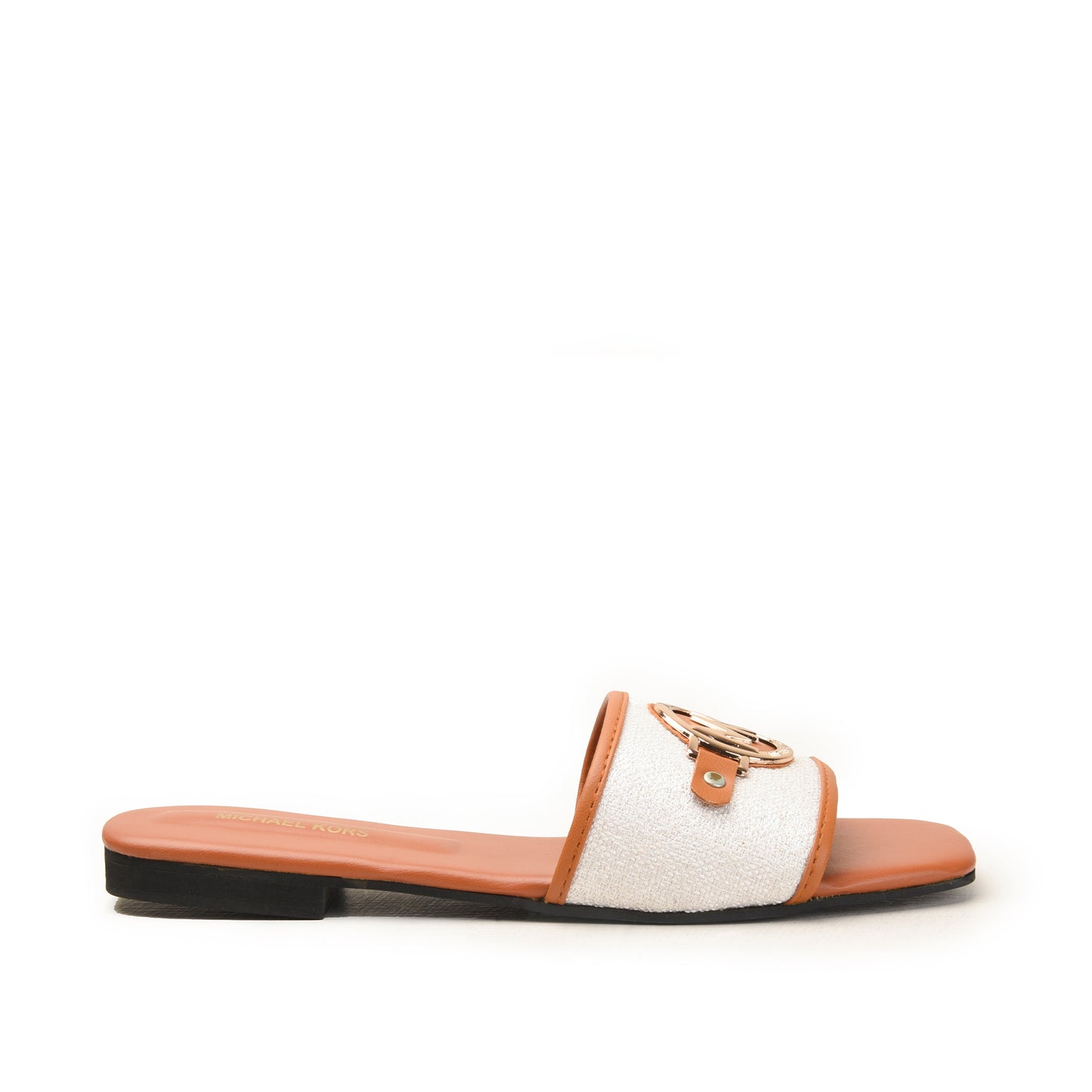 White Slide Flats with Tan Detail Slippers| 532M-B