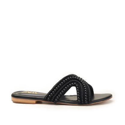 Black Pearl-Embellished Flat Slides Slippers| 520M-C
