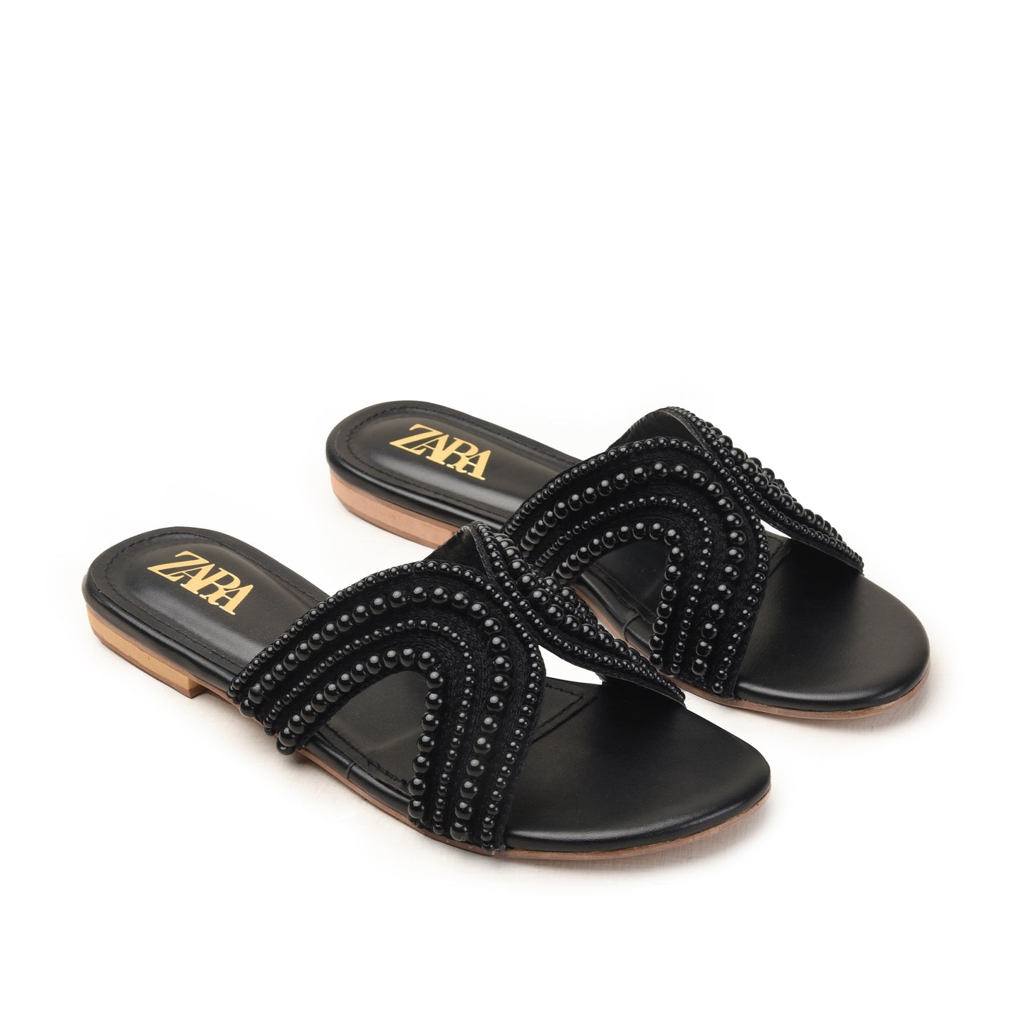Black Pearl-Embellished Flat Slides Slippers| 520M-C
