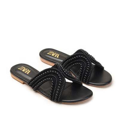 Black Pearl-Embellished Flat Slides Slippers| 520M-C