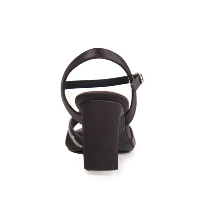 Black Crystal Triple-Strap Block Heels | 237H-C