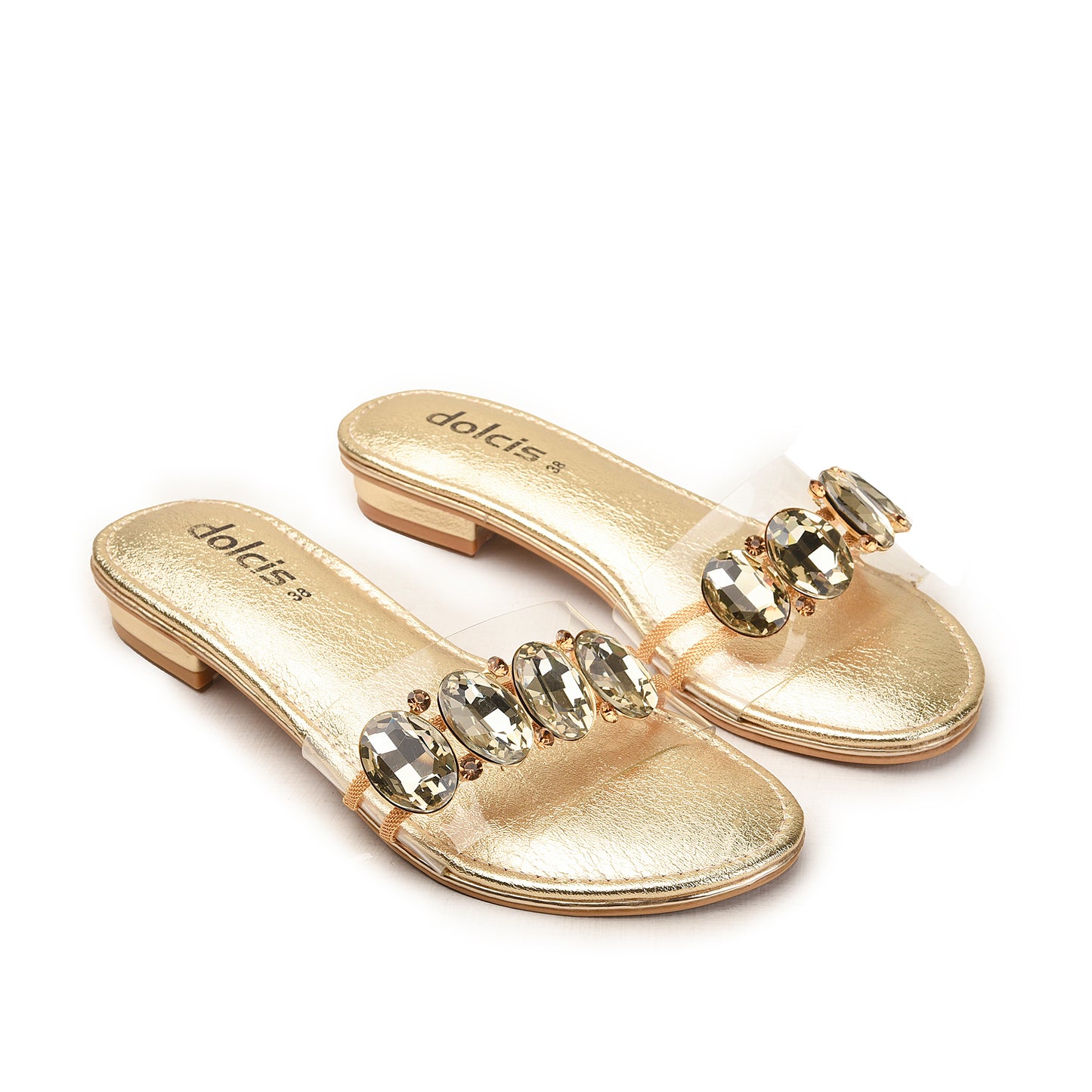 Gold Flats with Clear Strap & Gem Slippers| 517M-X