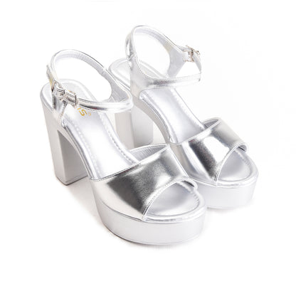 Silver Crystal Strap Block Heels | 238H-S