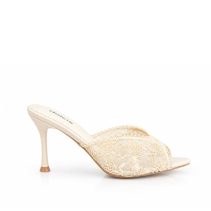 Beige Textured Pencil Heel Sandals | 513N-F