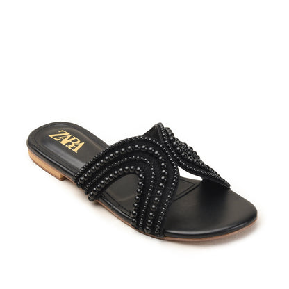 Black Pearl-Embellished Flat Slides Slippers| 520M-C