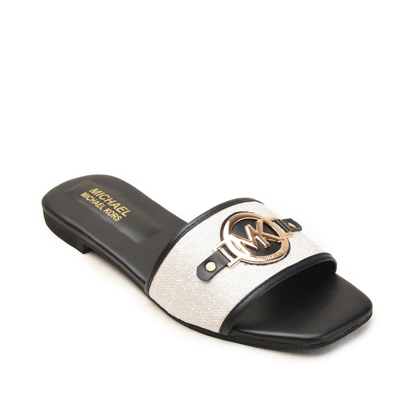 Black & White Slip-On Flats with MK Emblem Slippers| 532M-C