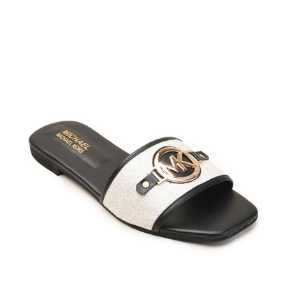 Black & White Slip-On Flats with MK Emblem Slippers| 532M-C