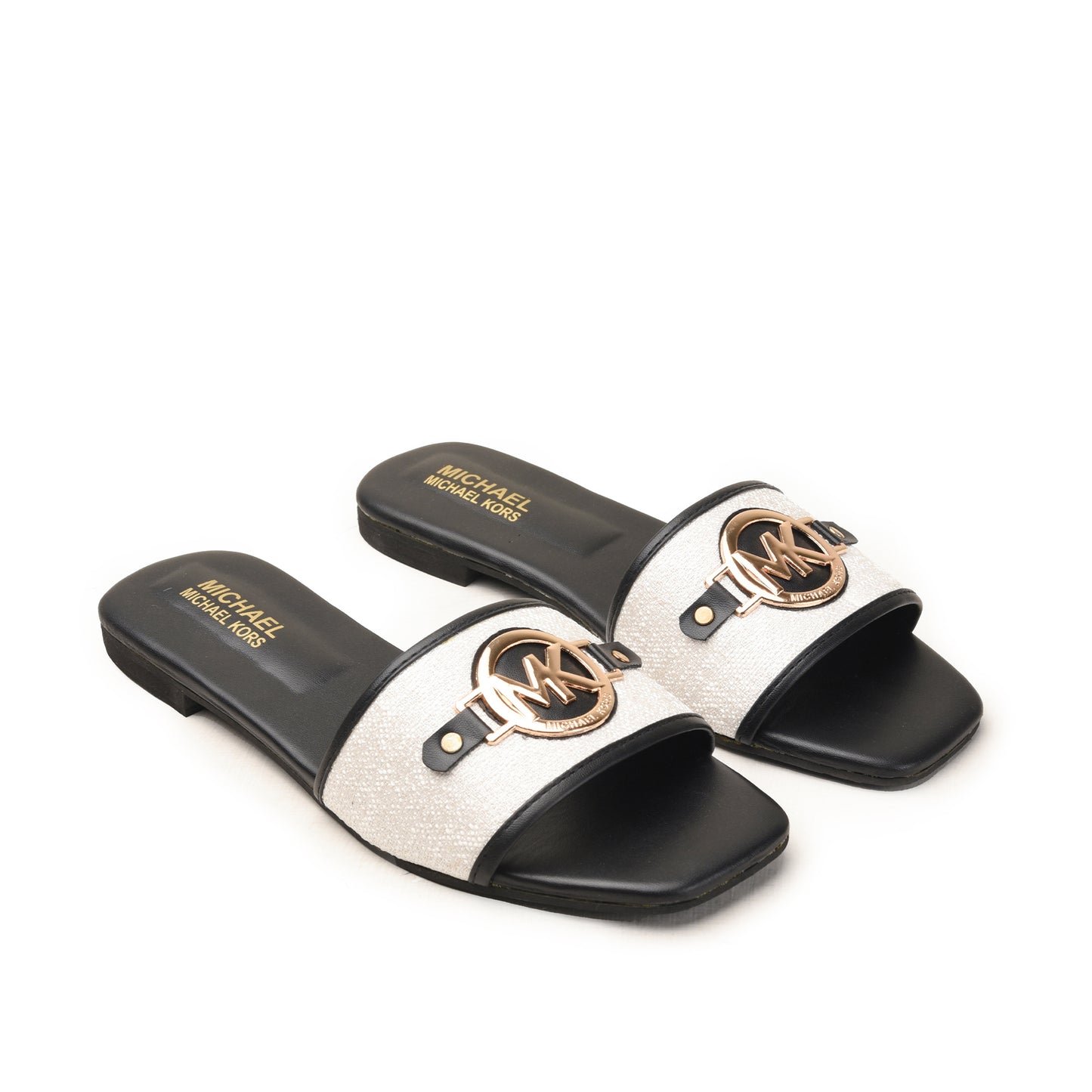 Black & White Slip-On Flats with MK Emblem Slippers| 532M-C