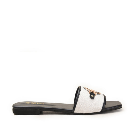 Black & White Slip-On Flats with MK Emblem Slippers| 532M-C
