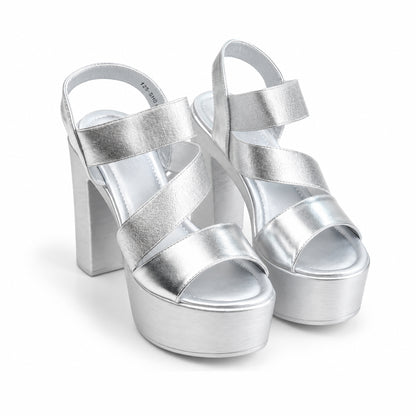 Silver Crystal Ankle Strap Block Heels | 279H-S