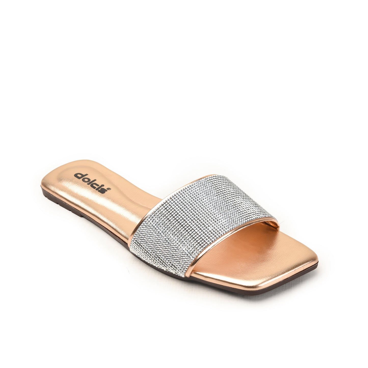 Rose Gold Flats with Silver Strap Slippers | 594L-PX