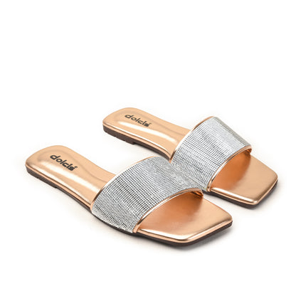Rose Gold Flats with Silver Strap Slippers | 594L-PX