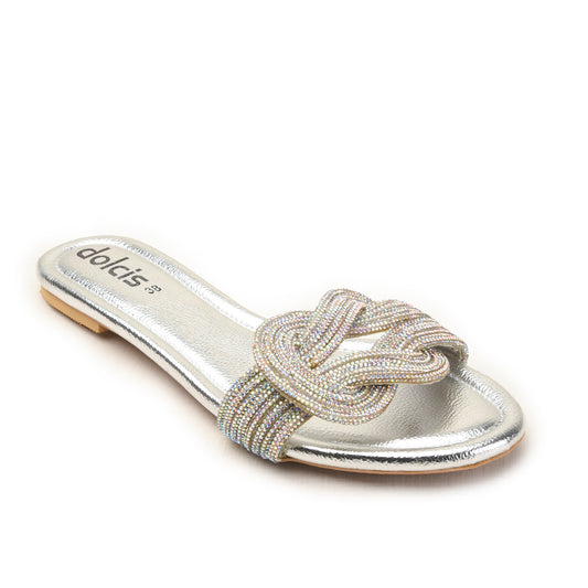 Silver Flats with Bow Strap Detail Slippers | 562L-S