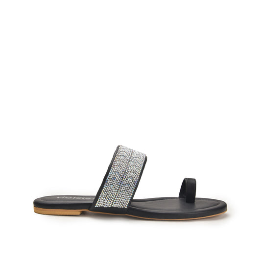 Stylish Black Embellished Toe-Ring Flats Slippers | 775R-C Dolcis