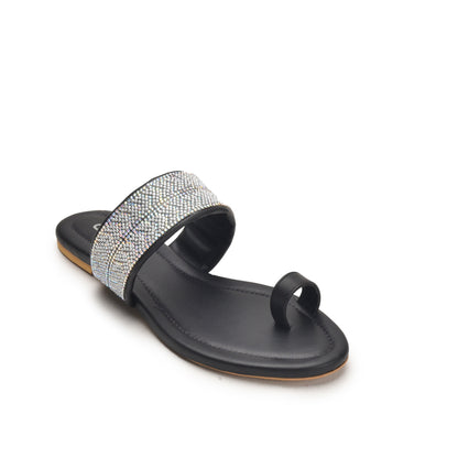 Stylish Black Embellished Toe-Ring Flats Slippers | 775R-C Dolcis