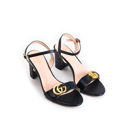 Black Crystal Triple-Strap Block Heels | 257H-C