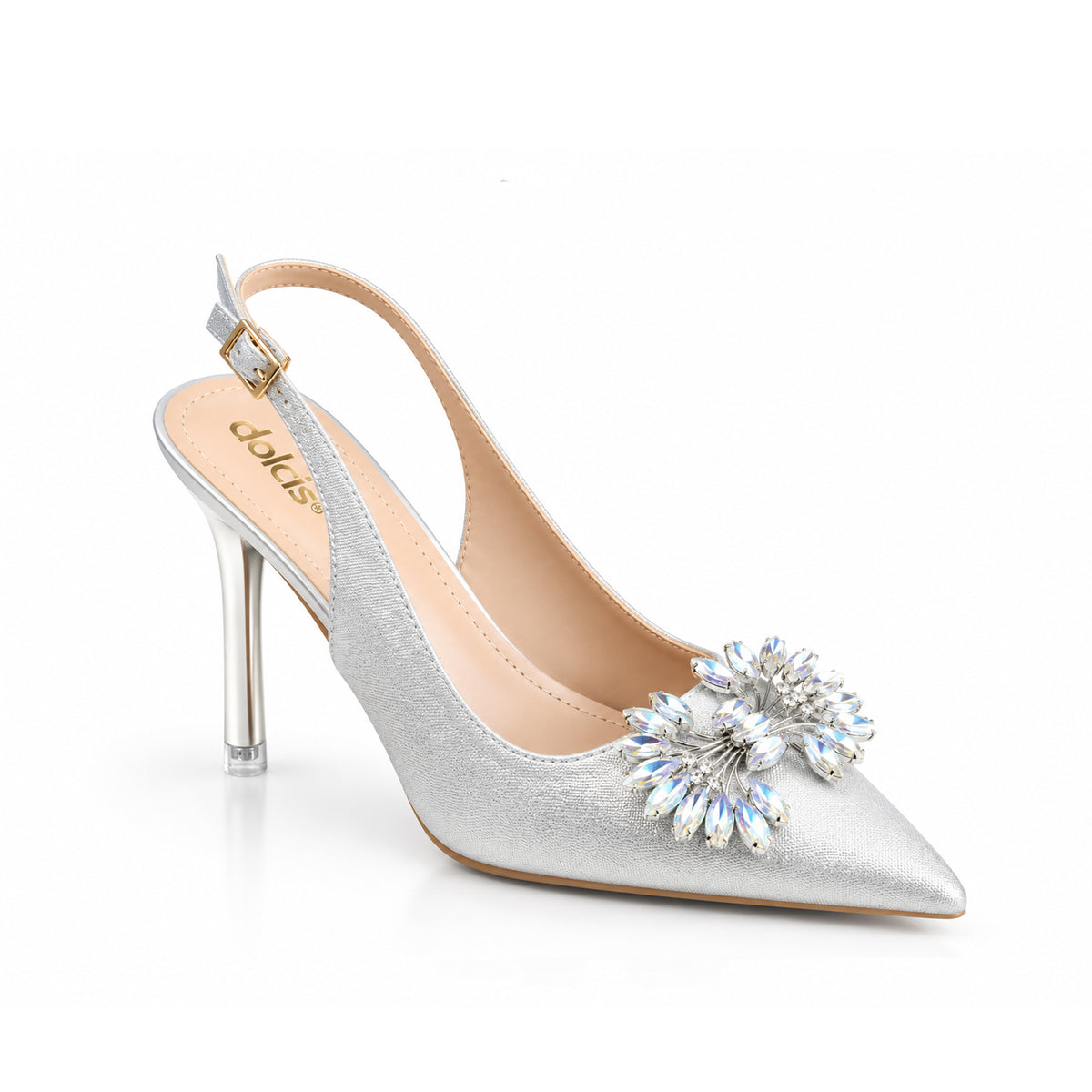 Silver Glittering Floral Petal Block‑Heel | 443P-S