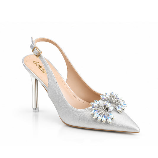 Silver Glittering Floral Petal Block‑Heel | 443P-S