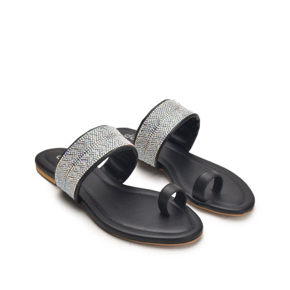 Stylish Black Embellished Toe-Ring Flats Slippers | 775R-C Dolcis
