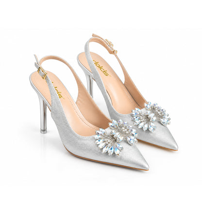Silver Glittering Floral Petal Block‑Heel | 443P-S