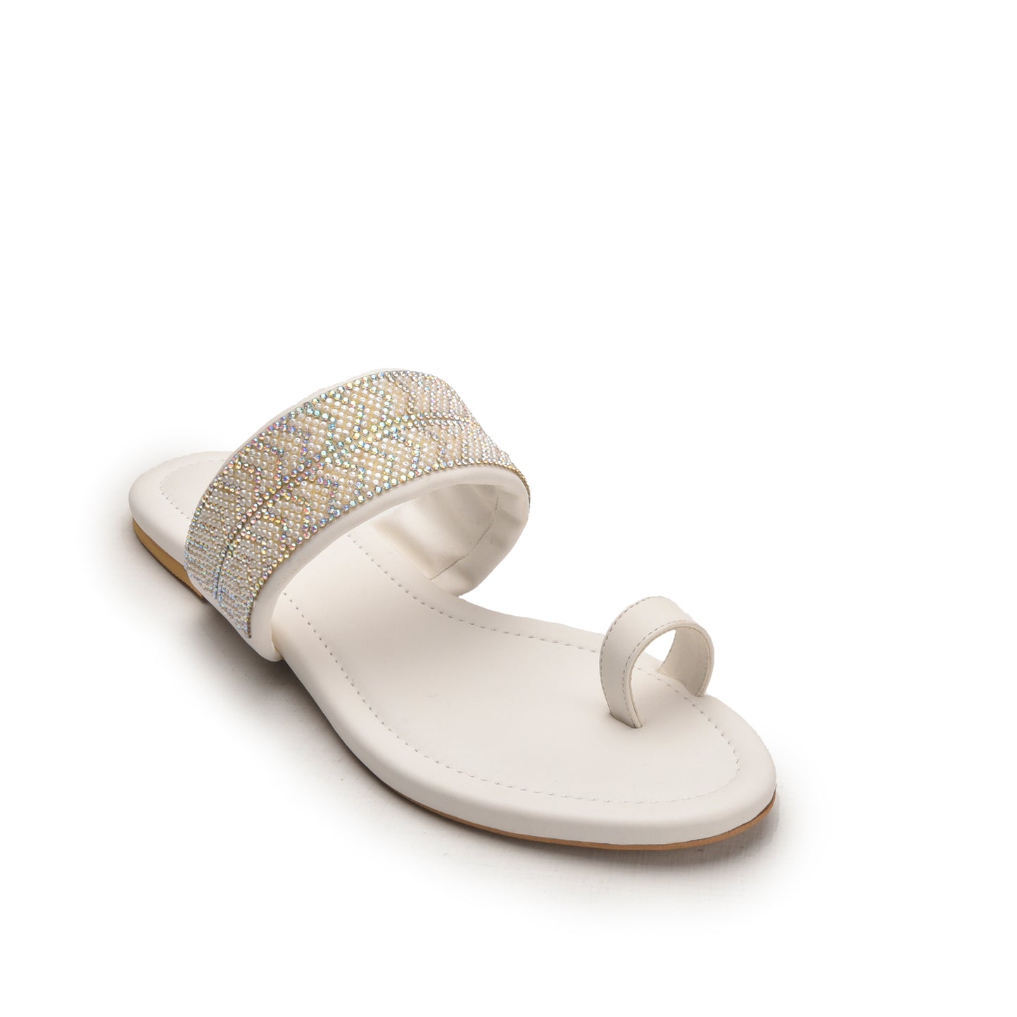 Elegant White Embellished Toe-Ring Flats Slippers | 775R-W Dolcis