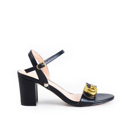 Black Crystal Triple-Strap Block Heels | 257H-C