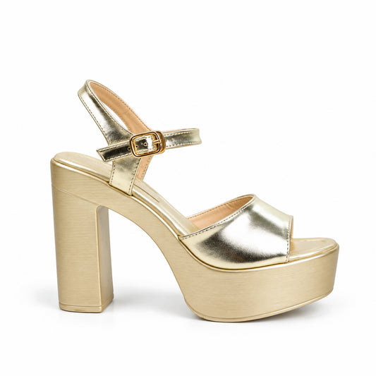 Golden Crystal Ankle Strap Block Heels | 238H-X