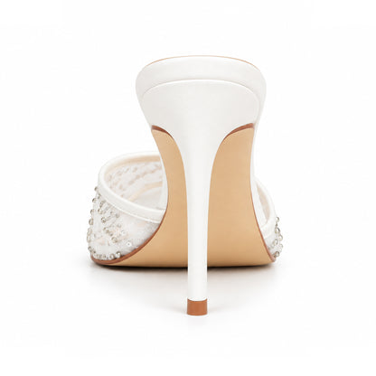 White Textured Pencil Heel Sandals | 507N-W