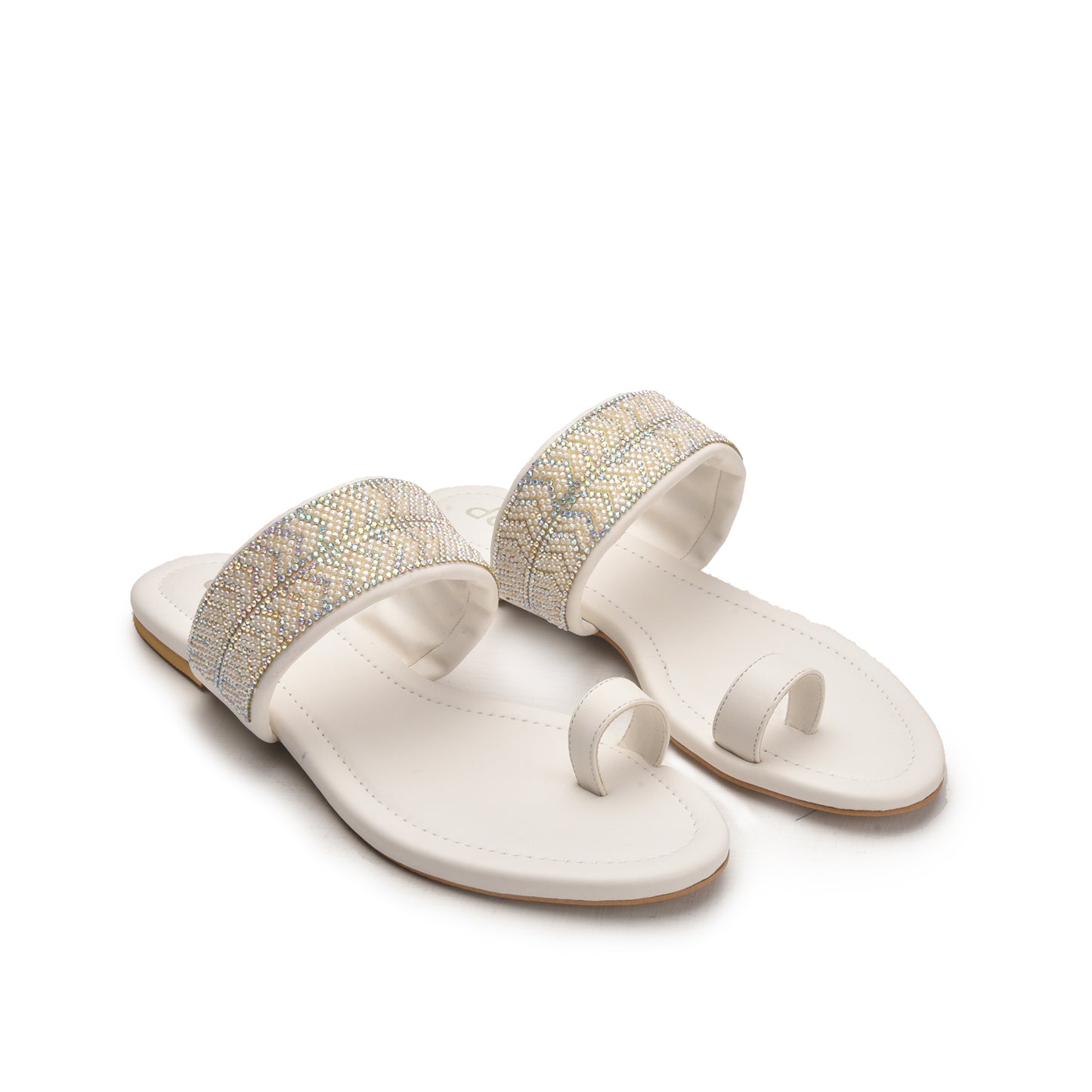 Elegant White Embellished Toe-Ring Flats Slippers | 775R-W Dolcis
