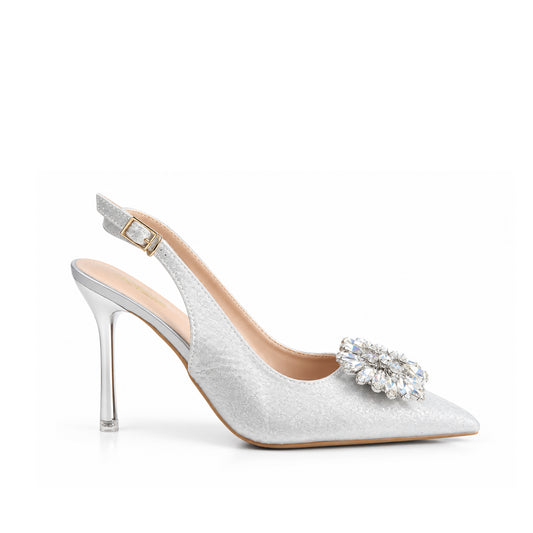 Silver Glittering Floral Petal Block‑Heel | 443P-S