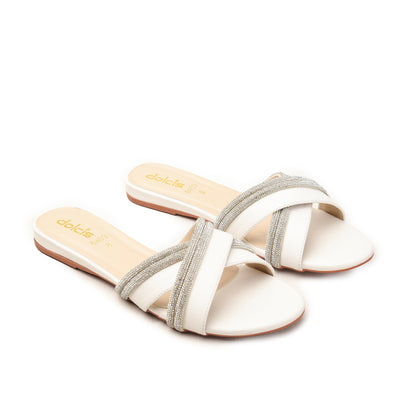 White Flats with Sparkling Straps Slippers | 516M-W
