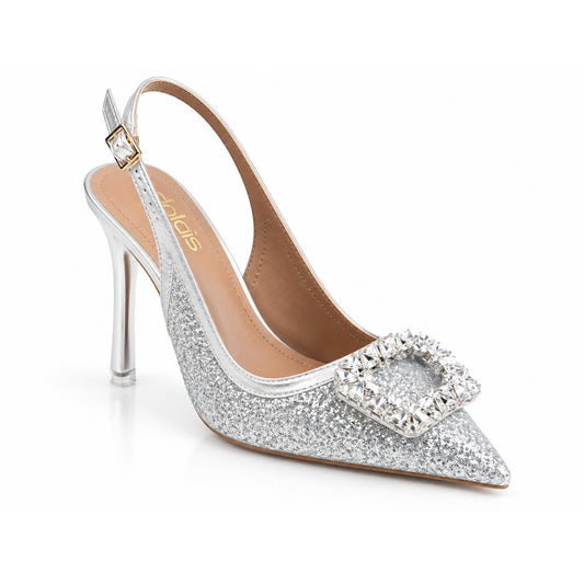 Silver Glittering Floral Petal Heel | 442P-S